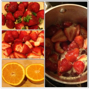 You will need about 1 ½ lbs of fresh strawberries. Wash, remove stem and cut strawberries in halves. Add 1 cup of water and ½ cup of granulated sugar to a small sauce pot and bring to a boil. Boil until all the sugar has evaporated. Add the juice of 1 orange and continue to boil for about 5 minutes. Add strawberries and cook for about 3 minutes. You want the strawberries to be cooked but not too soft. Remove ½ the strawberries (enough to cover the top of the cheesecake) and let cool. Continue to boil the remaining strawberries until they are completely mushy. Remove from the heat, and using a hand blended or potato masher, crush the strawberries until a somewhat jam consistency is formed. Return to the heat and cook down until sauce it thick and jam like. Strain to remove the tiny strawberry pieces, leaving a lovely thick syrup. 