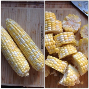 Next prep your corn. Peel corn and cut into 1 inch pieces (if you have a good knife and the corn is fresh, this will be pretty easy).