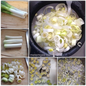 First you will need to prep the leeks for cooking. Cut off tough green stock of leeks and dice remaining white part into thin slices. Add to a large bowl of water (I'm using my very clean sink!) Then separate the layers of leeks so that you can wash away the sand from each layer. Once I've washed all the layers, I use a large sieve to scoop them all up and drain the water. 