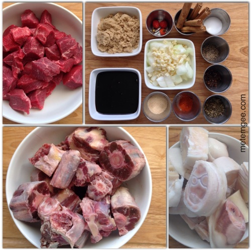 For this recipe, I am using: 1.5 lbs Beef [I used a chuck roast, then cut it into 1 inch cubes) 2 lbs Oxtail 3lbs Cow Heel [may also be called cow feet in some supermarket) 1 cup cassareep [divided into 2) 1/2 cup brown sugar 1 large yellow onions diced 6 large cloves of garlic finely chopped 1 tsp cayenne powder 5 cinnamon sticks 1 tbsp granulated garlic 3 wiri wiri peppers 1 tbsp whole clobes 2 tbsp salt 1 tsp fresh ground black pepper 2 tbsp dried Guyanese thyme