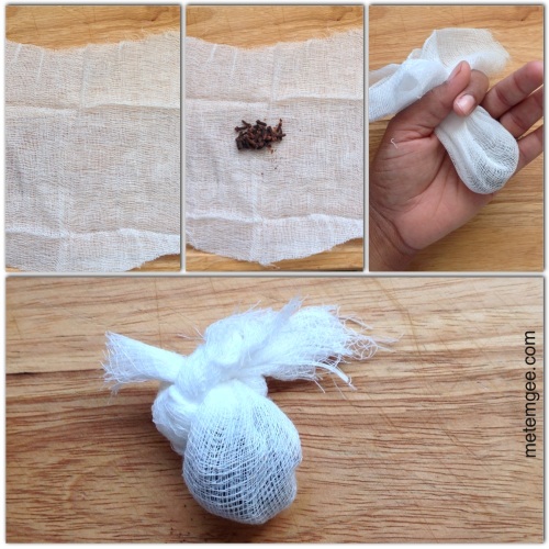 The thing I hate most about some pepperpot is biting into a clove while eating. So I've come up with a solution for that. Place cloves in a 6 inch square of muslin fabric or cheese cloth. Gather up the edges of the fabric and make a knot. Now you have a nice little clove diffuser!!!!