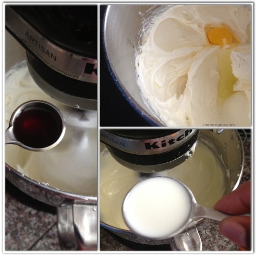 Add 1 tsp vanilla essence, 1 tbsp heavy cream, 2 tbsp flour [not shown) Then add four large eggs one at a time until incorporated into the mixture. 