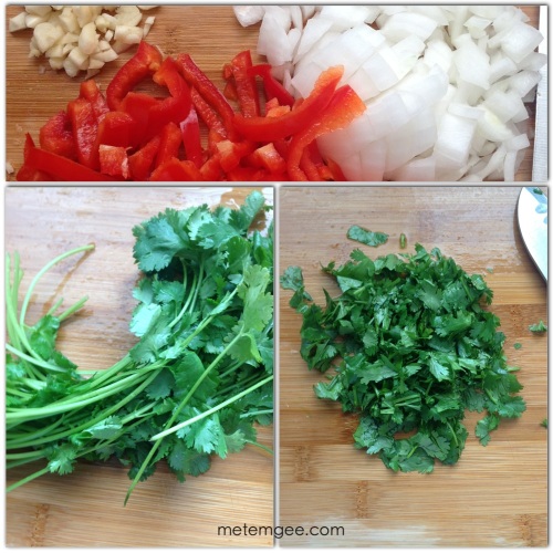 While the fish marinades, Chop 1 sweet white onion, 1 bell pepper, 6 cloves of garlic and about 1 cup of cilantro. 