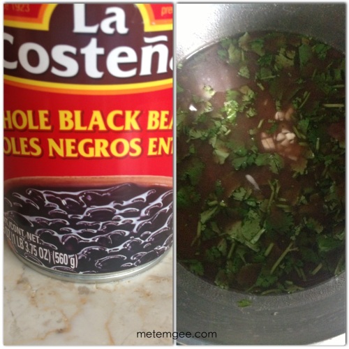 For the black beans, I used canned beans. Add beans with water to a small sauce pan. Add 1/4 cup of chopped cilantro, a pinch of salt, cayenne pepper and cumin powder. Let simmer for about 5 to 20 minutes on medium heat. Then remove from heat and serve. 
