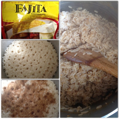 For a quick Mexican rice, I combine two cups of rice, and 4 cups of water in a saucepan. Bring to a boil on high heat. Let boil for 5 minutes, then reduce heat to low and let simmer. When rice is 90% cooked, I mix in some fajita or taco seasoning and let it continue to simmer until rice is fully cooked. Easy, simple and a delicious side dish. 