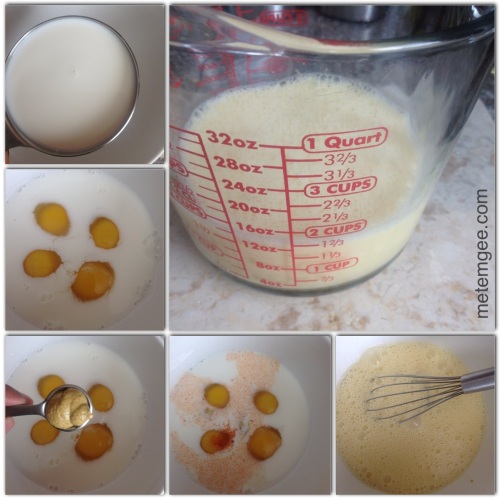 Add 1 cups whole mild and 4 eggs to a measuring cup. Whisk in mustard and garlic powder and finely dice hot peppers. 